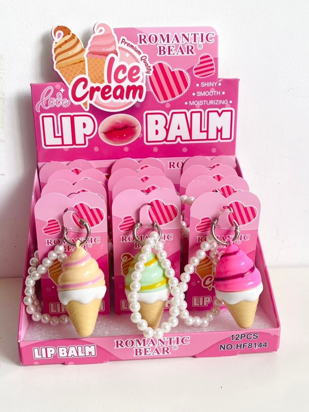 💋6x $15 💋Romantic Bear Ice Cream Lip Balm Keychain - Pink